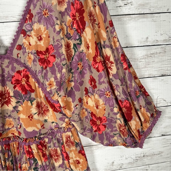 Free People Sweet Dreams Taupe Combo Printed Rayon Crinkle Mini Raw Hem Dress S - Picture 6 of 13